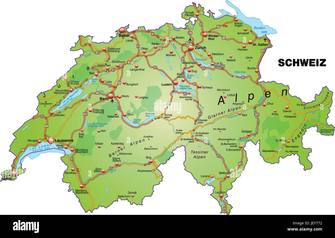 Verkehr, Transport, Schweiz, Autobahn, Autobahn, Karte, Grenzen Stock-Vektorgrafik - Alamy