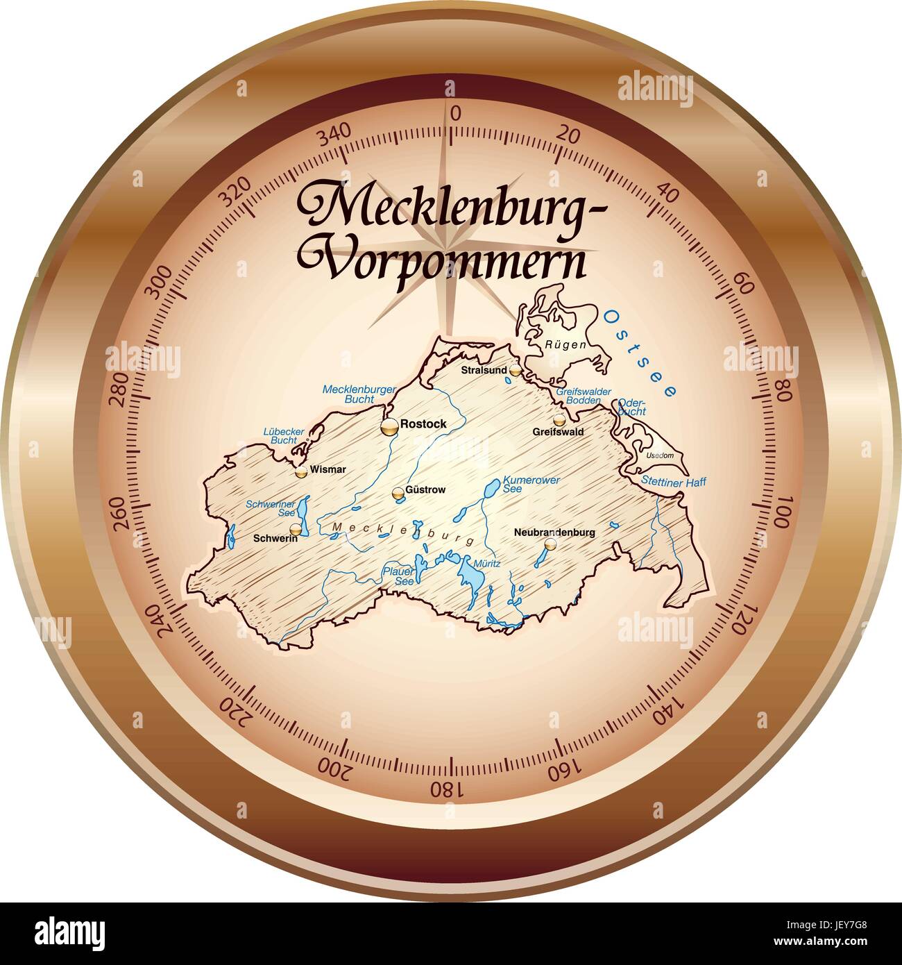 Karte des Landes Mecklenburg-Vorpommern als eine Übersichtskarte in bronze Stock Vektor