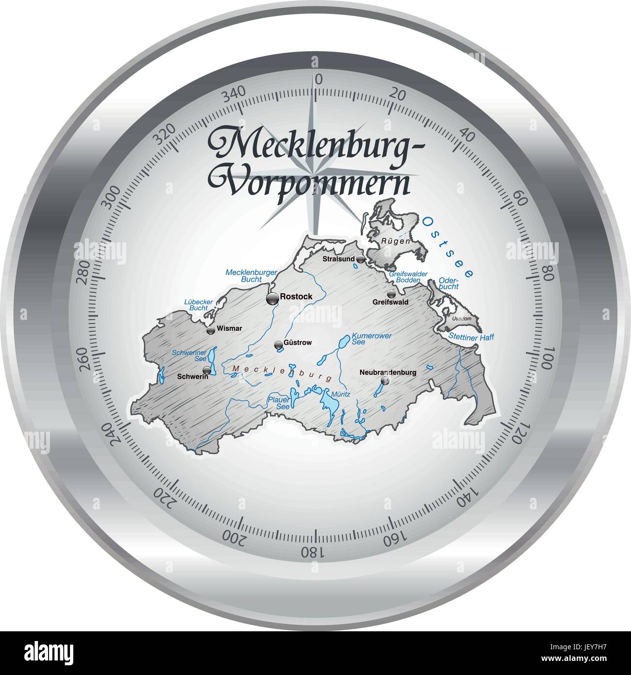 Karte des Landes Mecklenburg-Vorpommern als eine Übersichtskarte in Chrom Stock Vektor