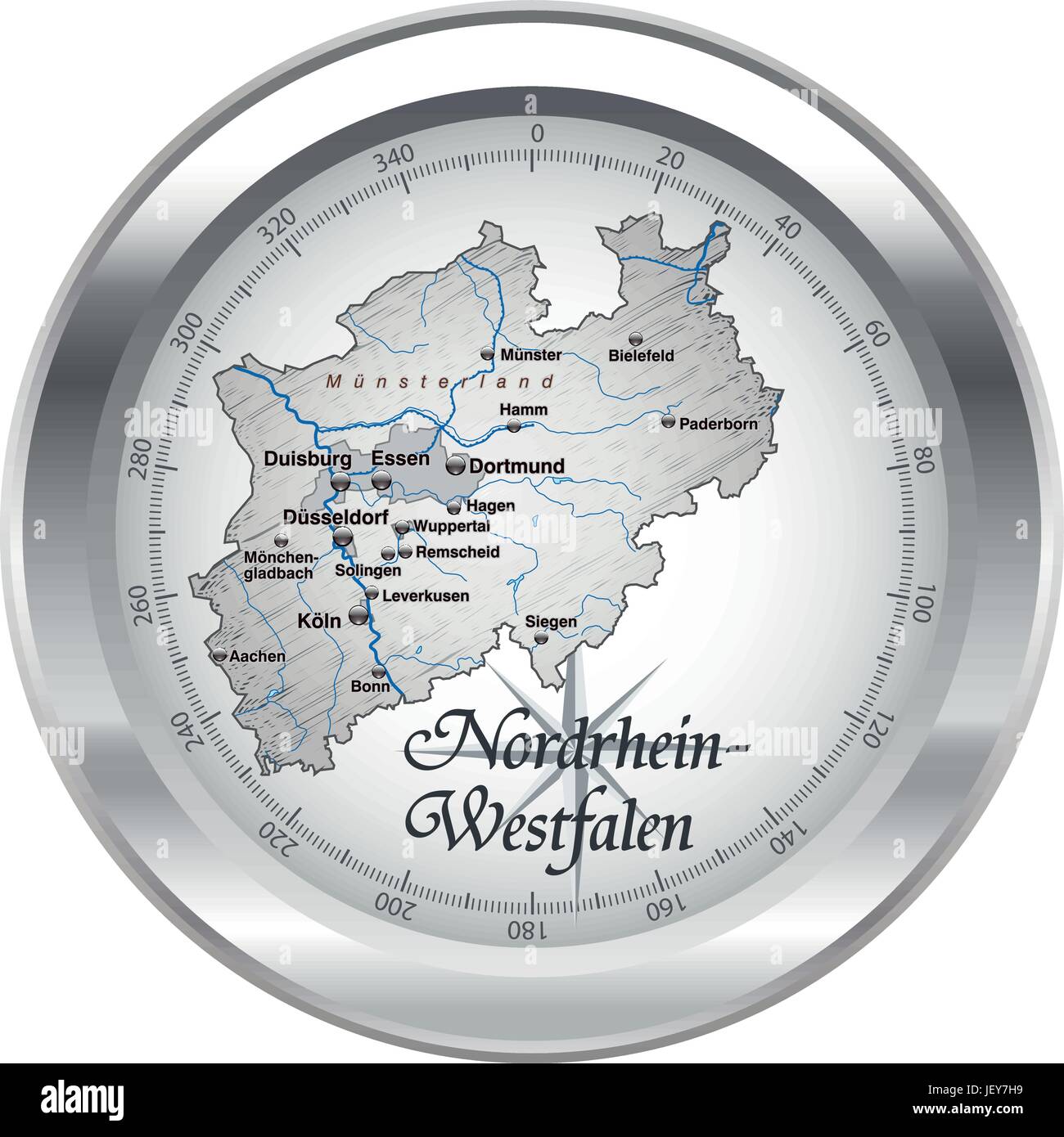 Karte von Nordrhein-Westfalen als eine Übersichtskarte in Chrom Stock Vektor