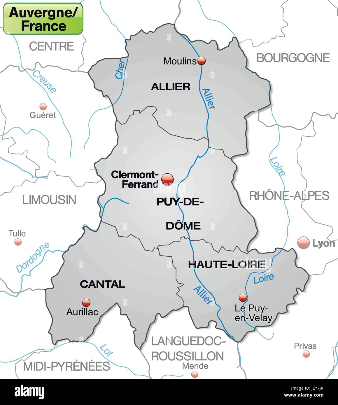 Karte von Auvergne mit Grenzen in grau Stock Vektor