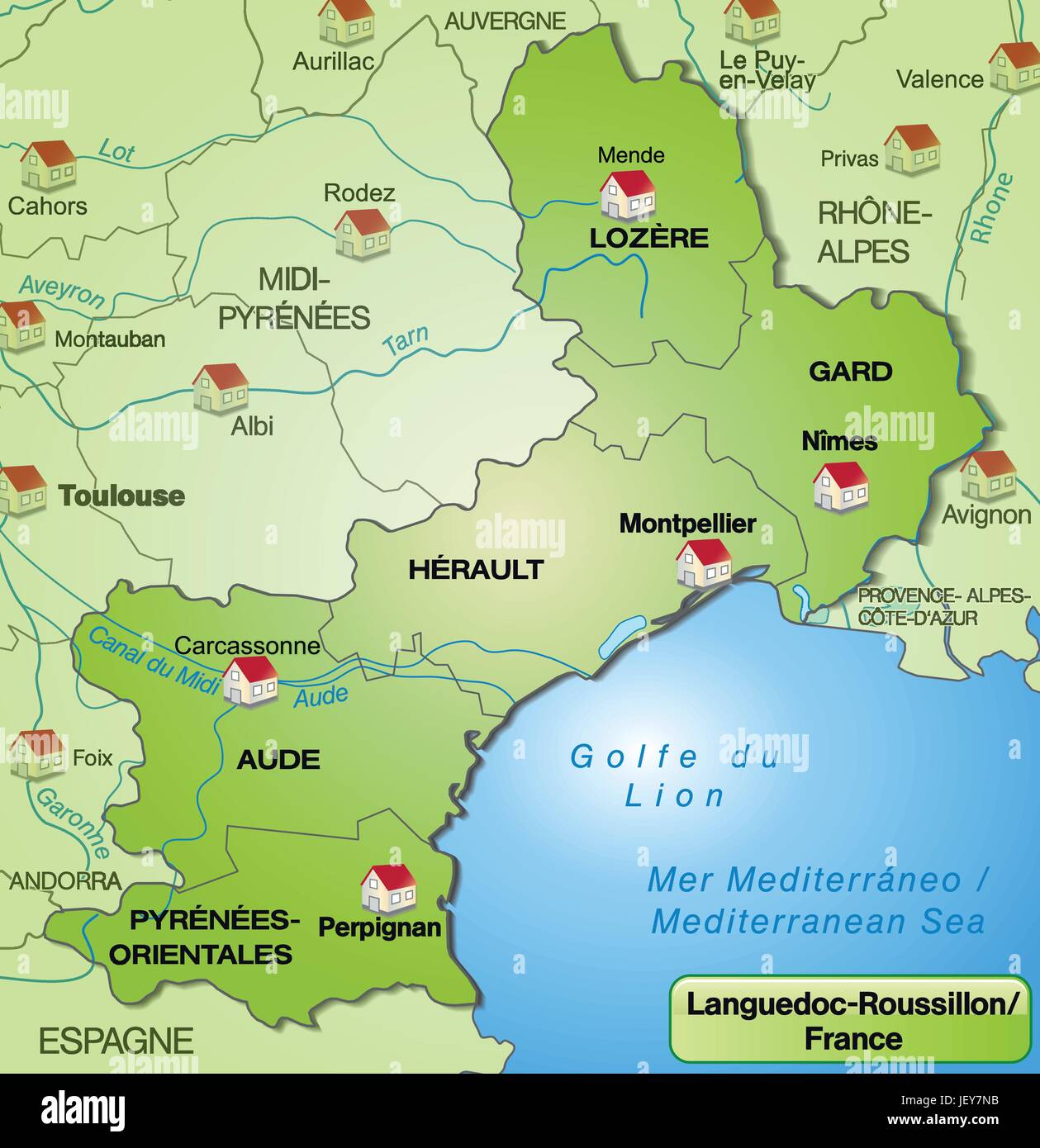 Karte von Languedoc-Roussillon mit Grenzen im Internet grün Stock Vektor