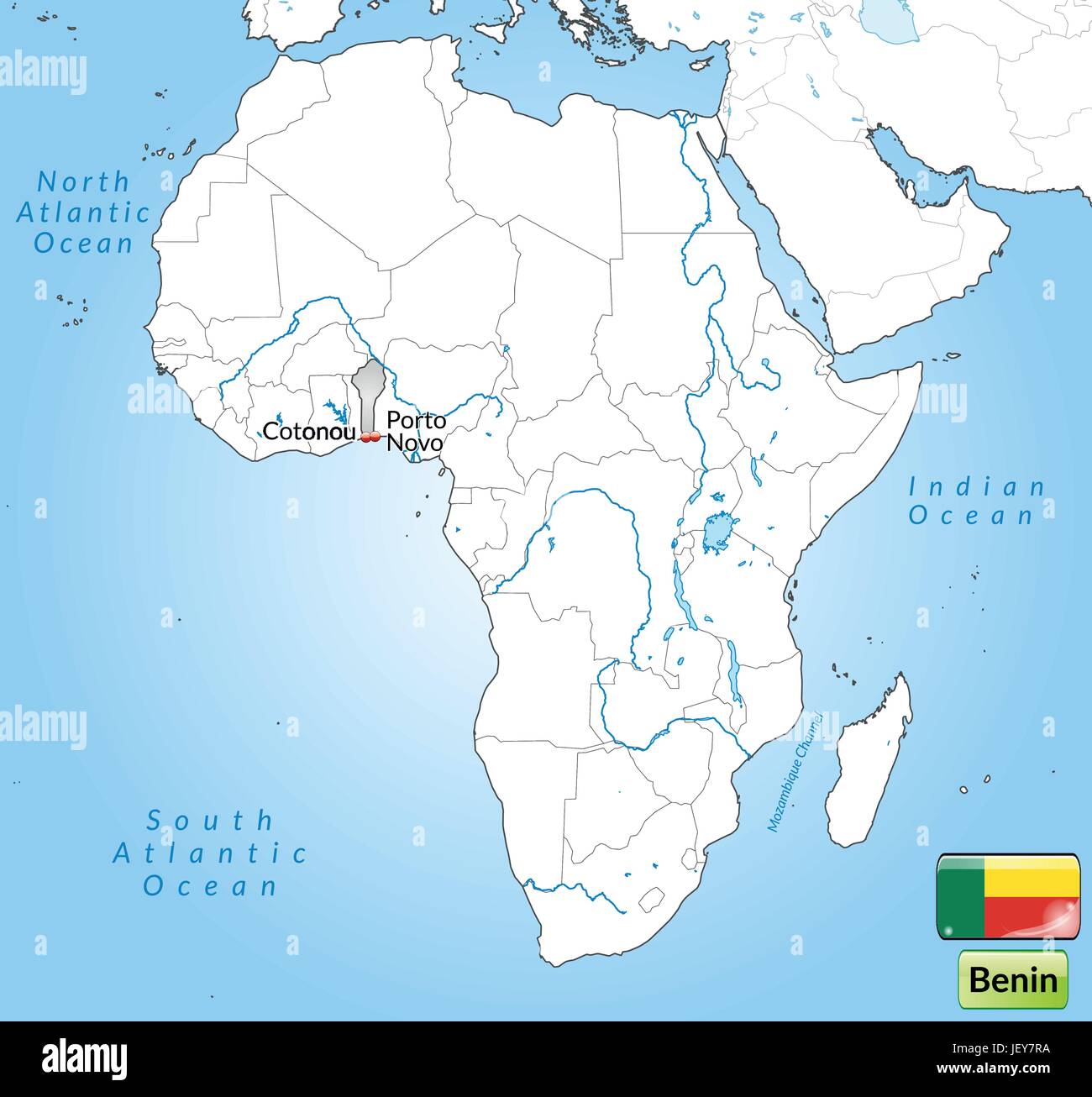 Karte von Benin mit Kapitellen in grau Stock Vektor