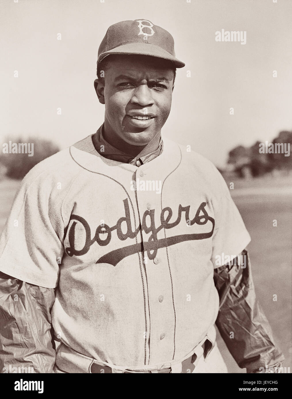 Jackie Robinson in Brooklyn Dodgers Uniform im Jahr 1950. Stockfoto