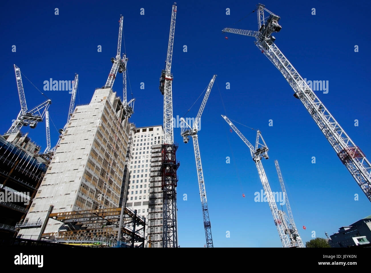 mehrerer Krane auf der Großbaustelle, klaren blauen Himmel im Hintergrund Stockfoto