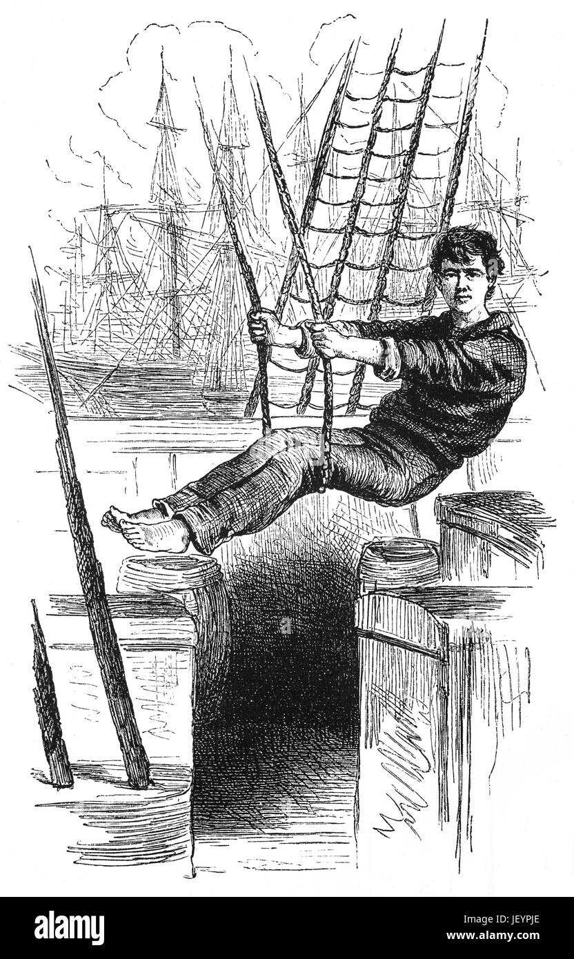 1879: Sailor Boy an Bord eines Schiffes vor Anker auf die Dämme in New Orleans, Louisiana, Vereinigte Staaten von Amerika Stockfoto