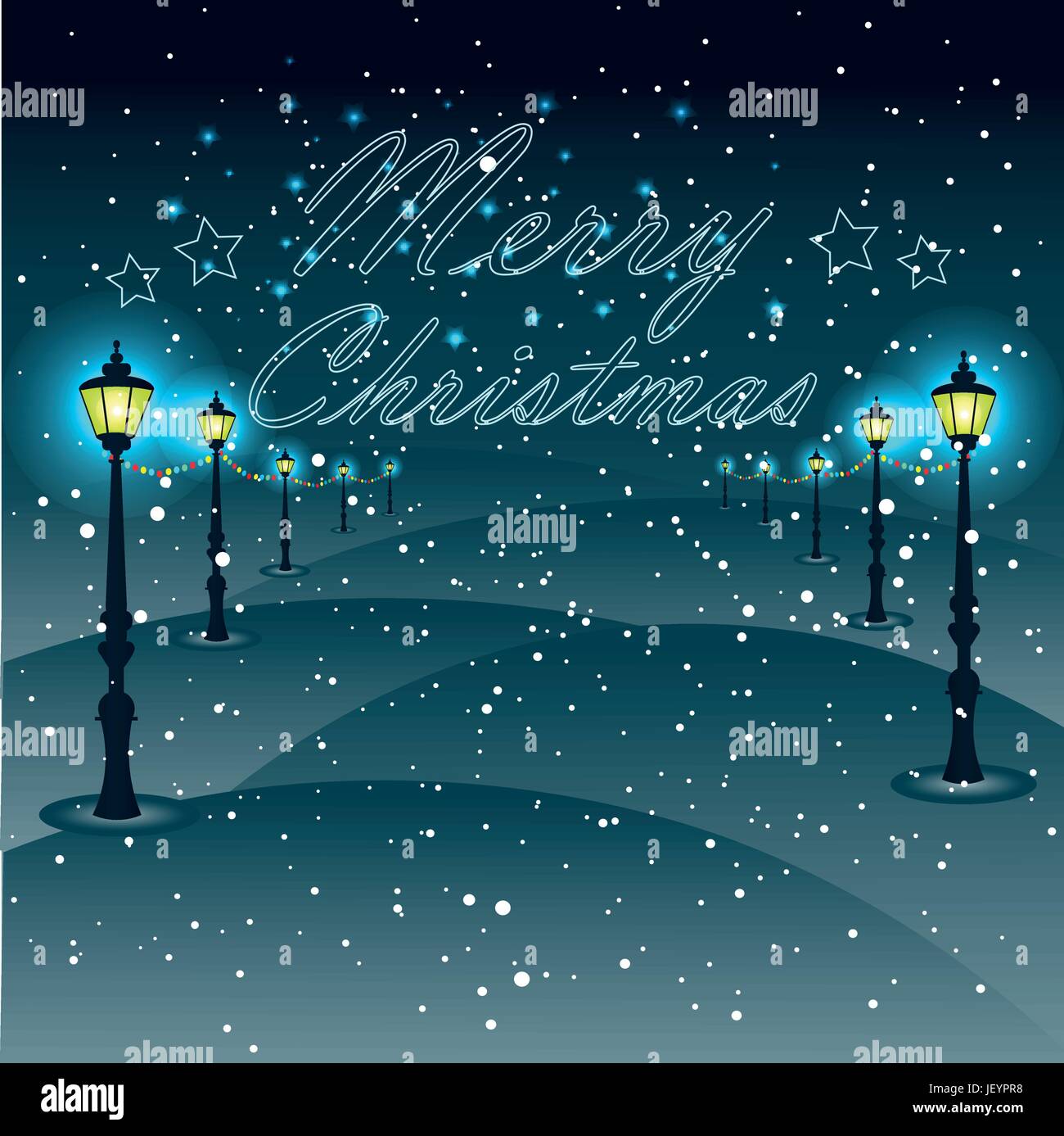 Straßenbeleuchtung mit Weihnachtsschmuck, Weihnachten Gruß type Design mit Vintage Straßenlaterne gegen einen Winter Dorf - Urlaub Vektor illust Stock Vektor