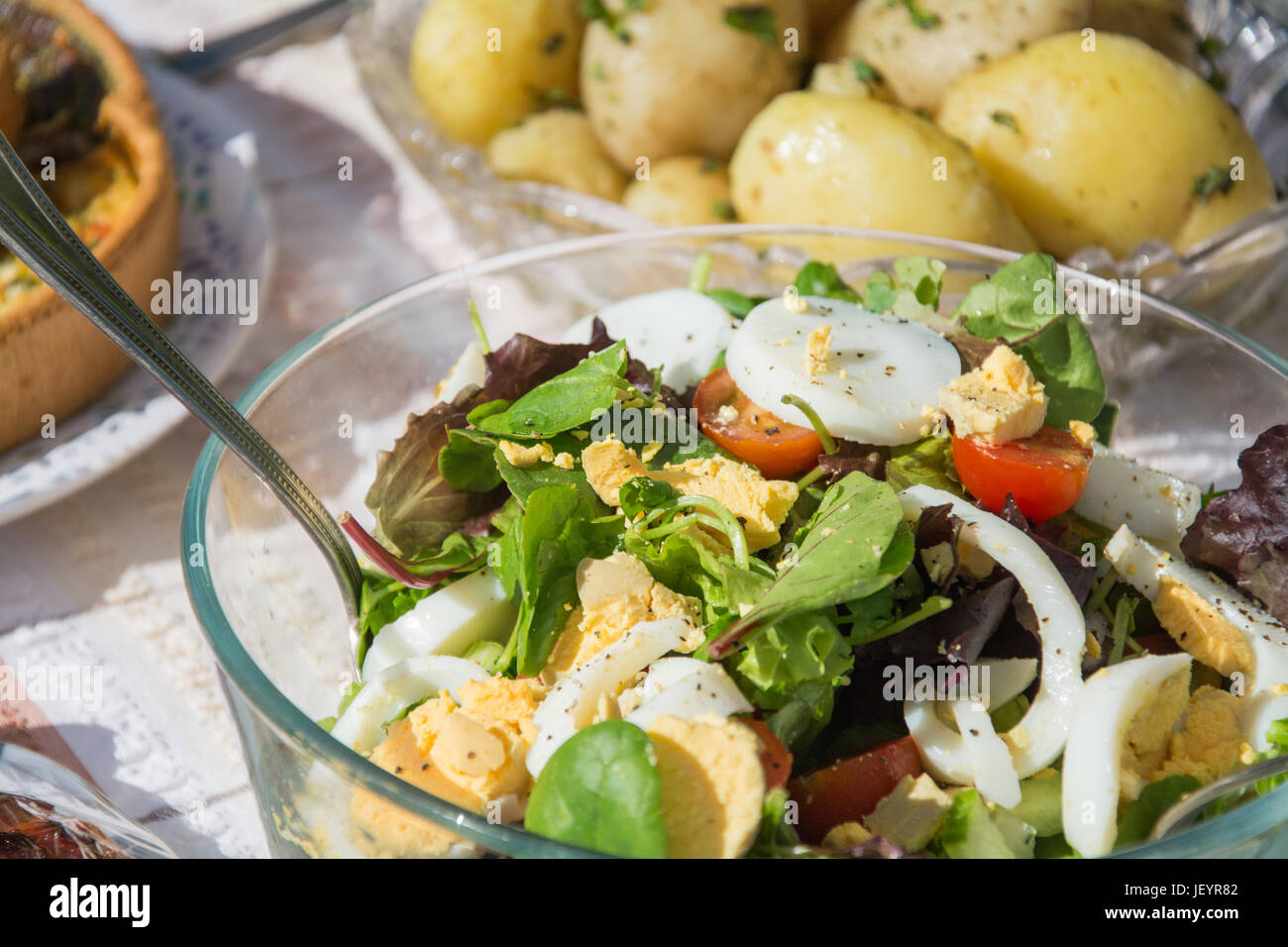 Eine Schüssel Salat mit hart gekochtes Ei, Kresse, Zwiebeln, Tomaten, Salat, auf einen Tisch im Freien. Speisen im Sommer. UK Stockfoto
