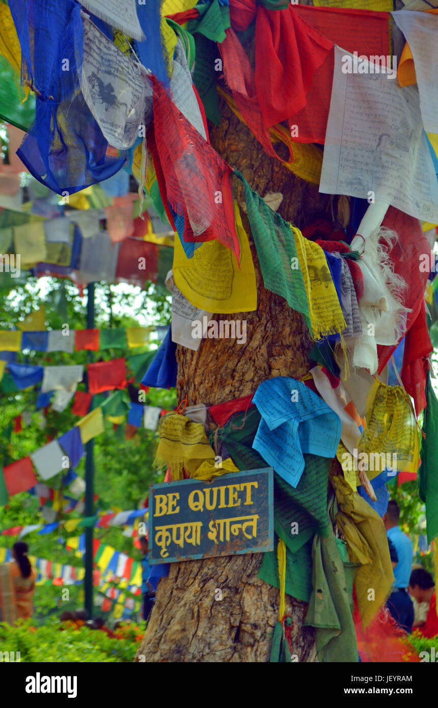 Sei still - Plakat mit einem Aufruf zur Stille auf Bodhi-Baum - ein Ort der Buddha Erleuchtung. Stockfoto