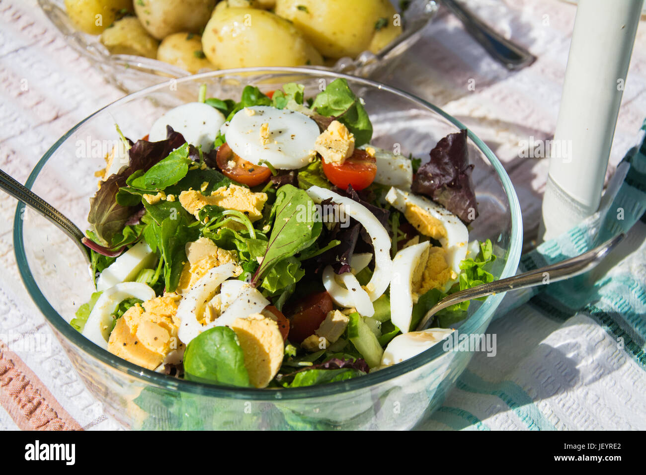 Eine Schüssel Salat mit hart gekochtes Ei, Kresse, Zwiebeln, Tomaten, Salat, auf einen Tisch im Freien. Speisen im Sommer. UK Stockfoto