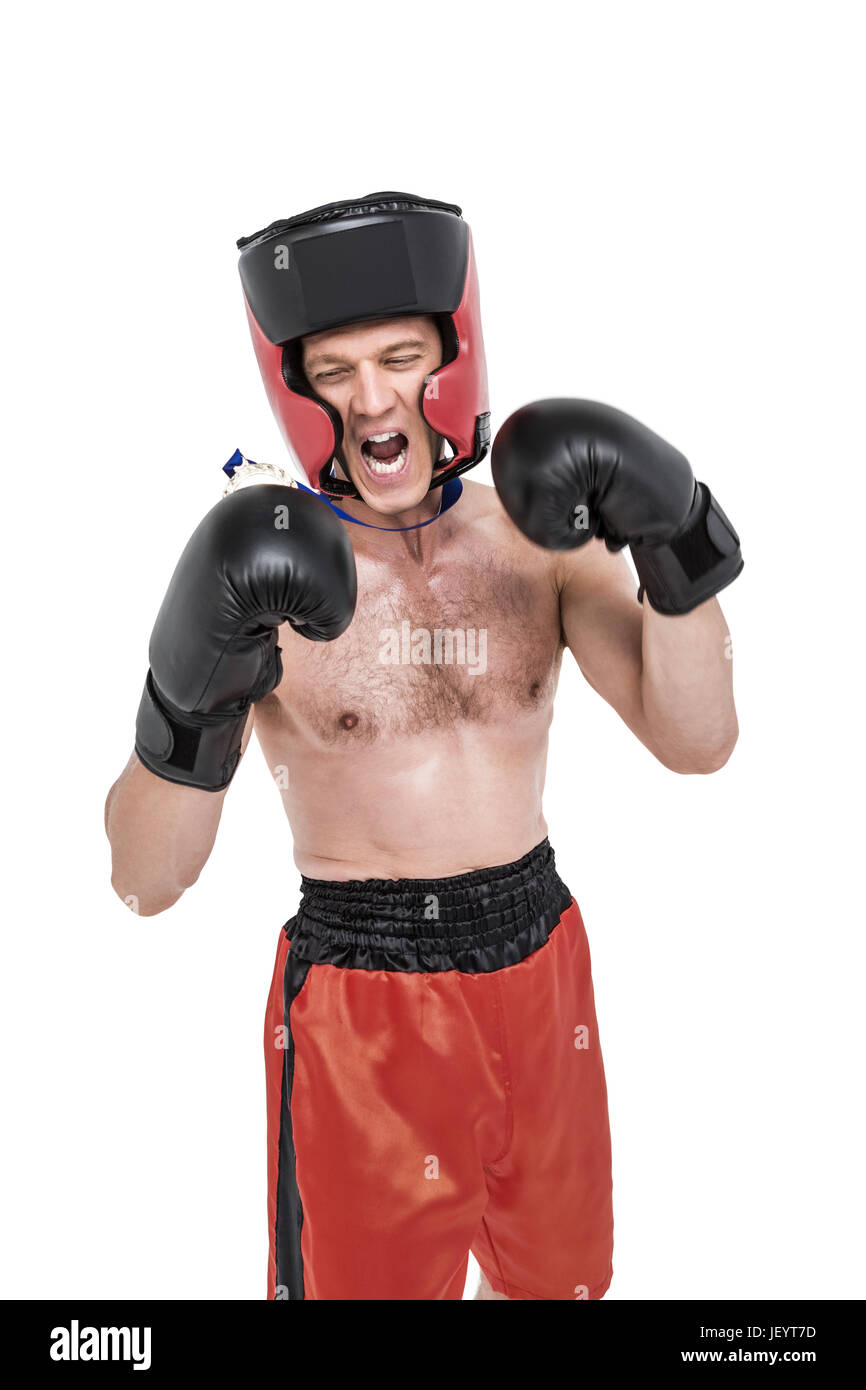 Boxer, die Medaille, die Durchführung von Boxen Haltung tragen Stockfoto