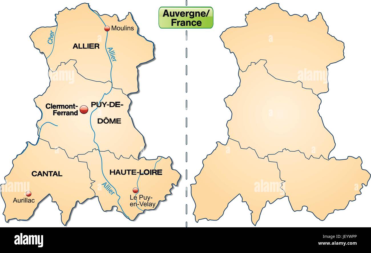 Inselkarte von Auvergne mit Grenzen in pastelorange Stock Vektor