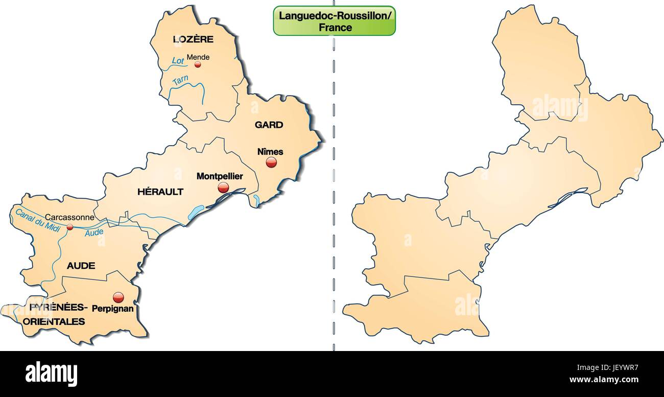 Inselkarte von Languedoc-Roussillon mit Grenzen in pastelorange Stock Vektor