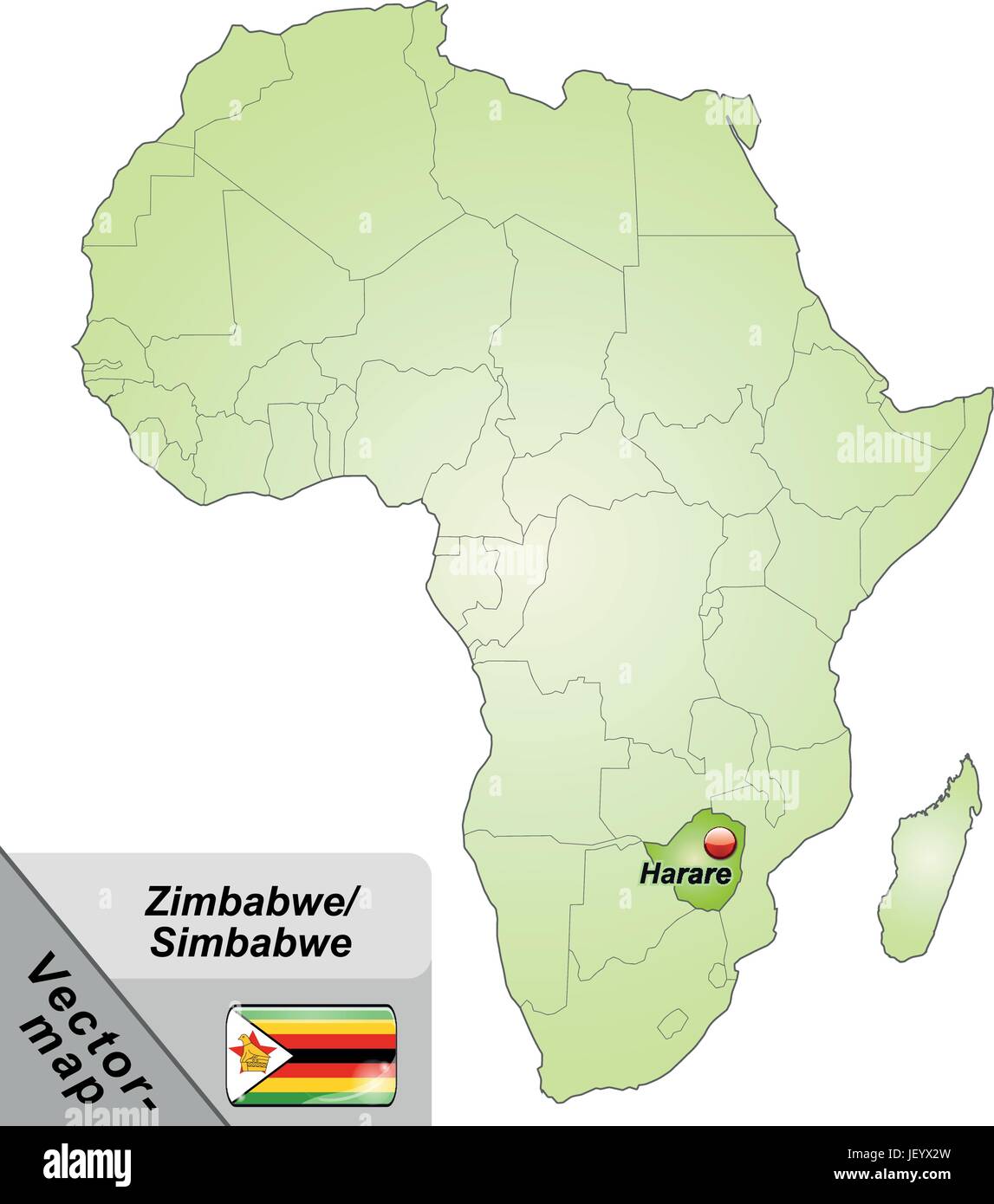 Inselkarte von Simbabwe mit Kapitellen in grün Stock Vektor