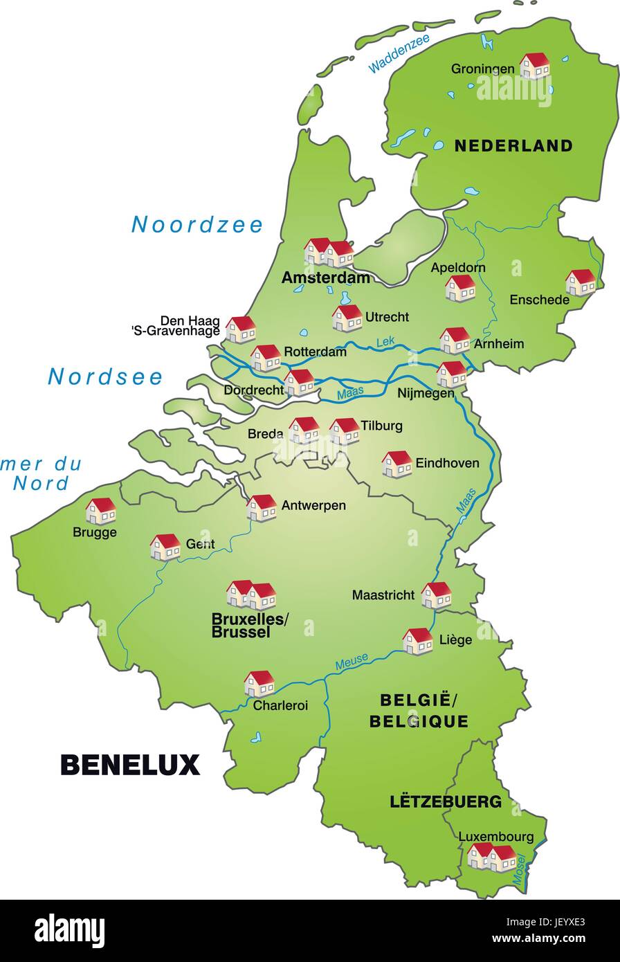 Belgien, Holland, Benelux, Karte, Gliederung, Grenzen, Luxemburg, Atlas, Karte Stock 
