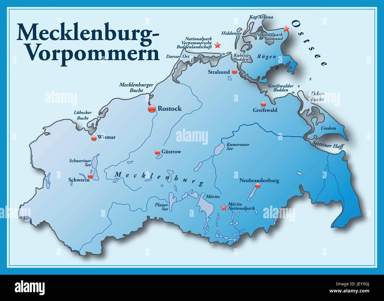 Karte des Landes Mecklenburg-Vorpommern als eine Übersichtskarte in blau Stock Vektor