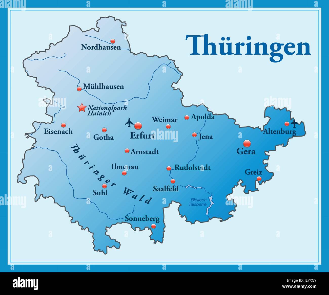 Inselkarte von Thüringen als eine Übersichtskarte in blau Stock Vektor