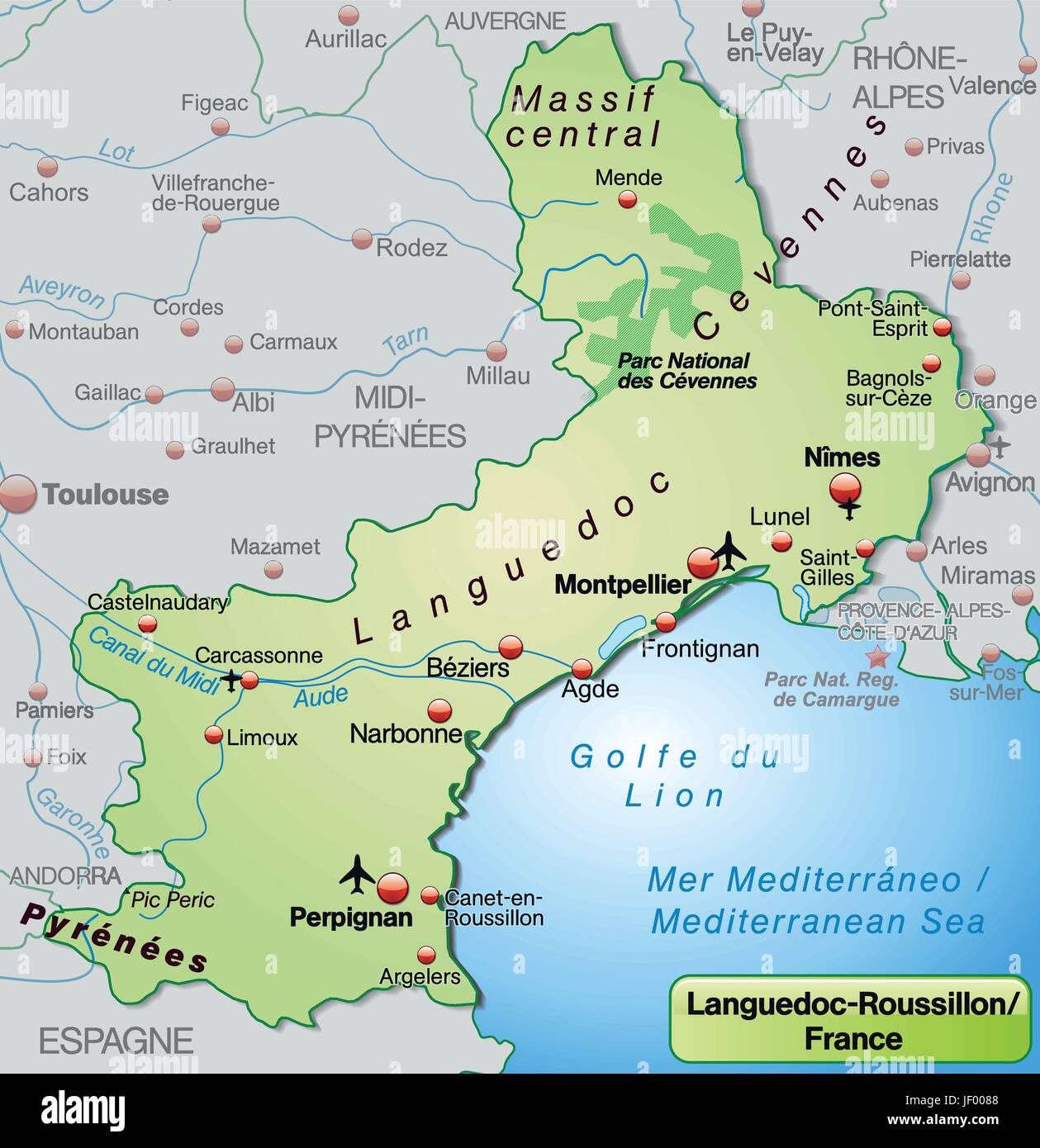 Karte von Languedoc-Roussillon als eine Übersichtskarte in Pastellgrün Stock Vektor