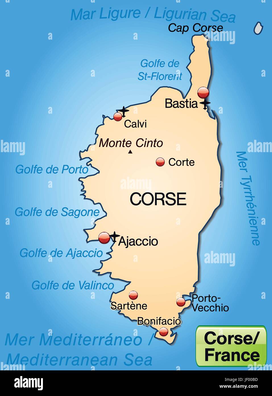 Karte von Korsika als eine Übersichtskarte in pastelorange Stock