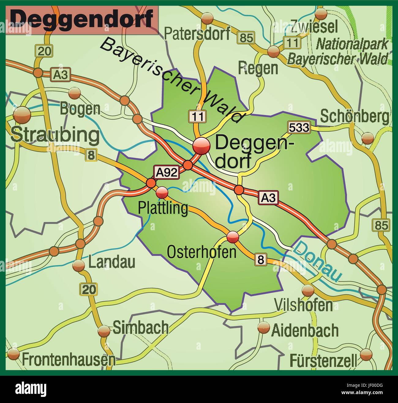Karte von Deggendorf mit Verkehrsnetz Stock-Vektorgrafik - Alamy