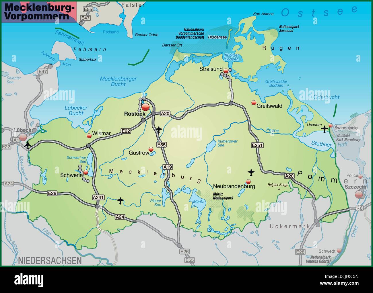 Karte von Mecklenburg-Vorpommern mit Verkehrsnetz in Pastellgrün Stock Vektor
