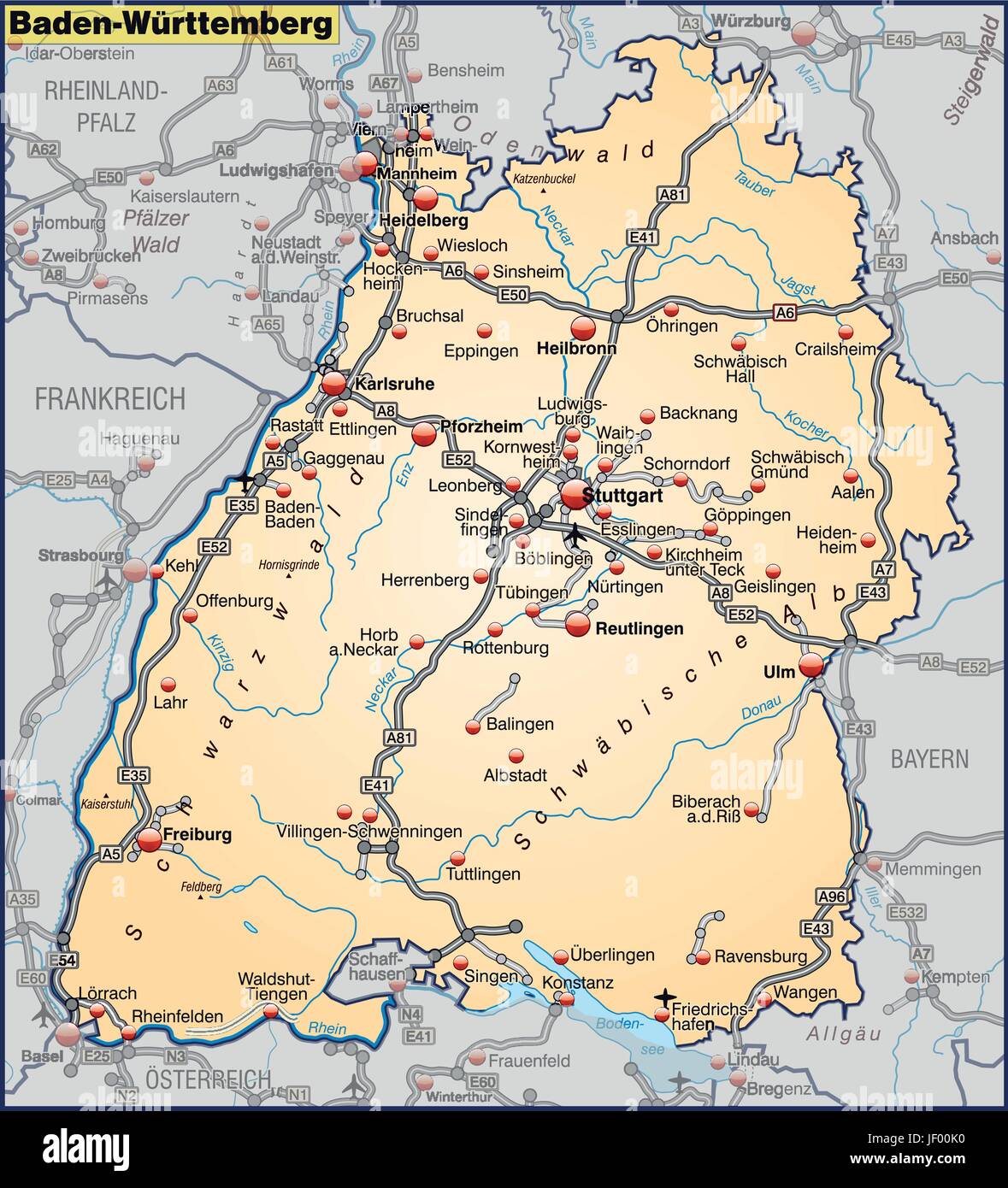 Karte von Baden-Württemberg mit Verkehrsnetz in Pastell orange Stock