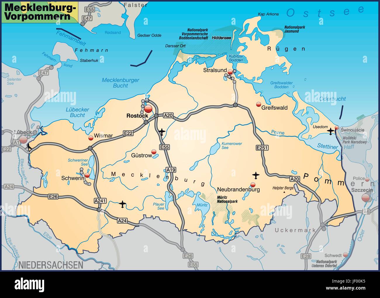 Karte von Mecklenburg-Vorpommern mit Verkehrsnetz in Pastell orange Stock Vektor