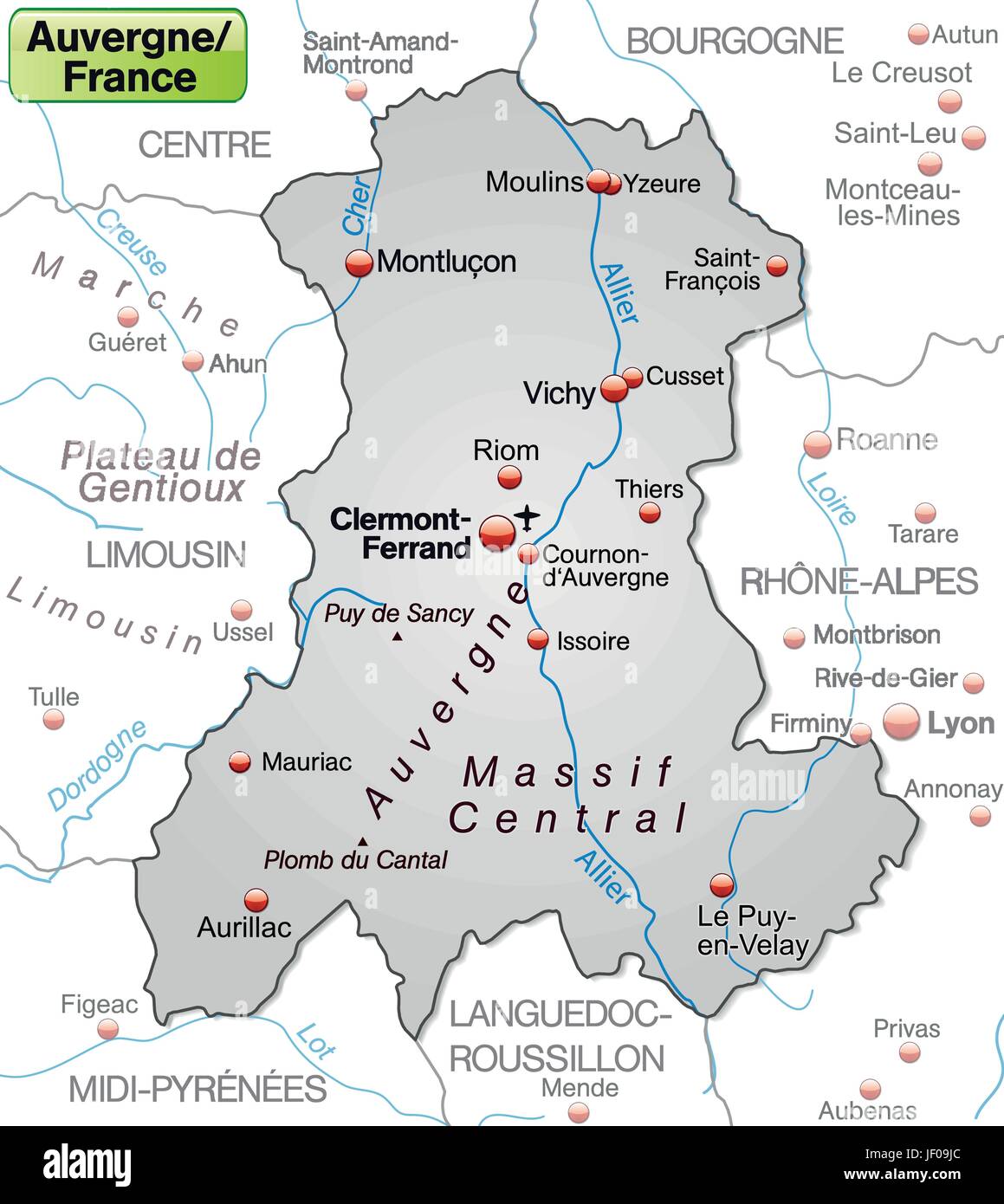 Karte von Auvergne als eine Übersichtskarte in grau Stock Vektor