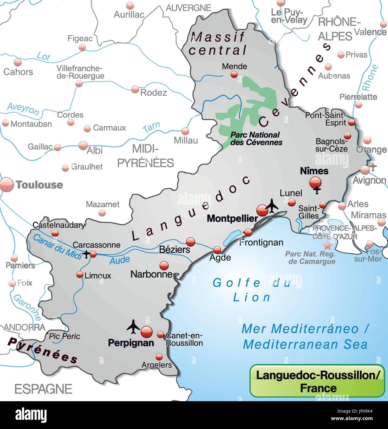 Karte von Languedoc-Roussillon als eine Übersichtskarte in grau Stock Vektor