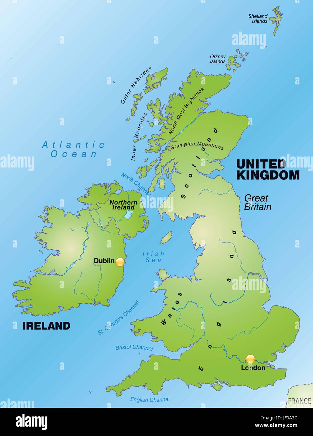Landkarte von England als eine Übersichtskarte in grün Stock Vektor