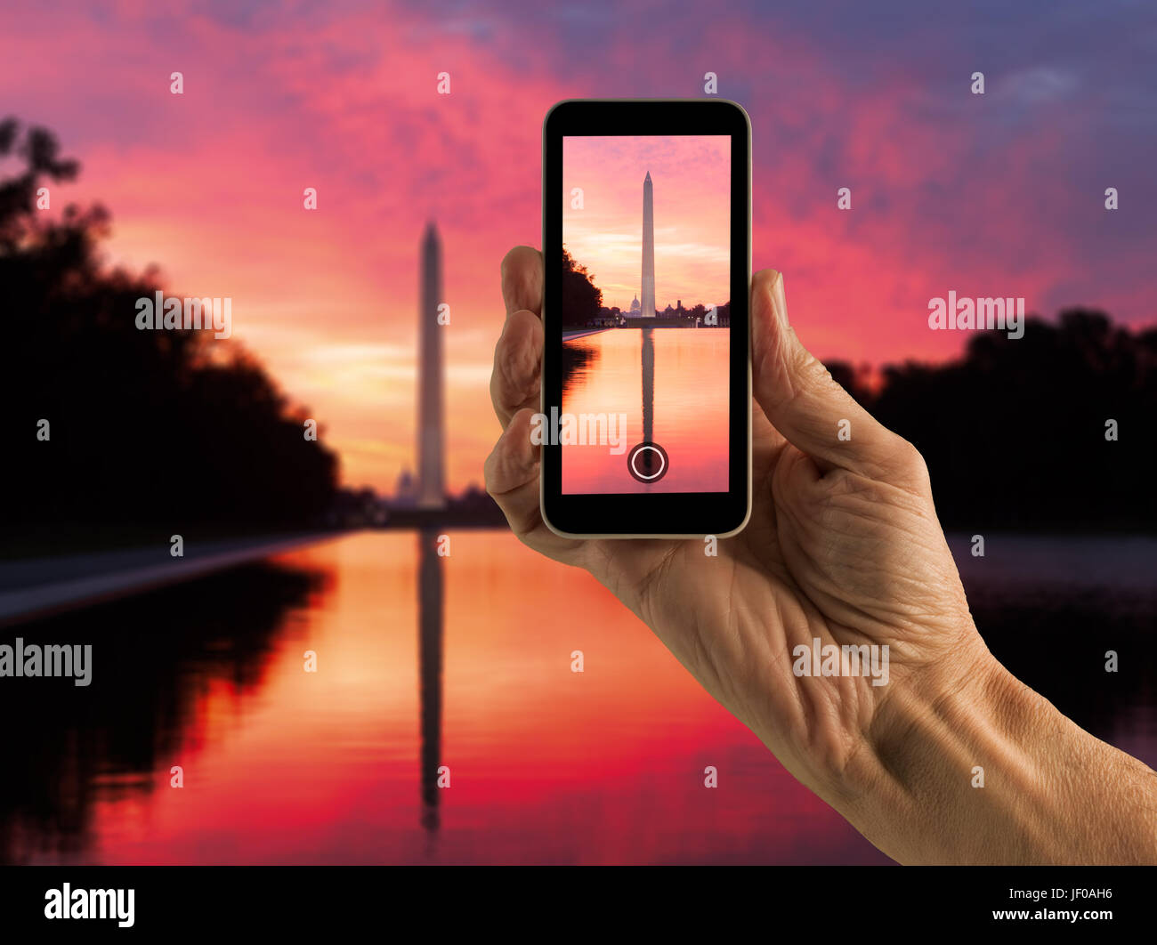 Snapshot des Washington Monument bei Sonnenaufgang Stockfoto