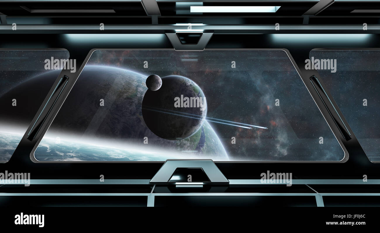 Raumschiff schwarze Flur mit Blick auf Raum und fernen Planeten 3D-Rendering Systemelemente dieses Bildes, eingerichtet von der NASA Stockfoto