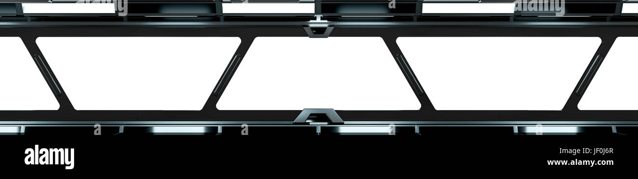 Raumschiff schwarze Korridor mit einer 3D-Darstellung von langes weißes Fenster Stockfoto