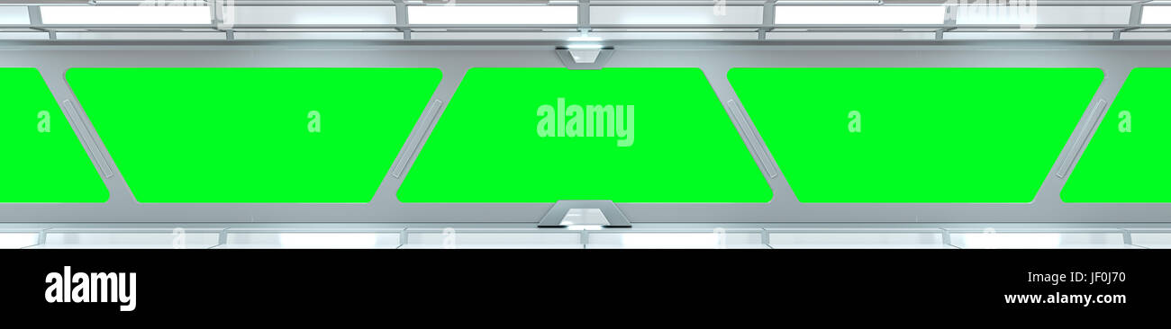 Raumschiff weißen Flur mit Blick auf ein grünes Fenster 3D rendering Stockfoto