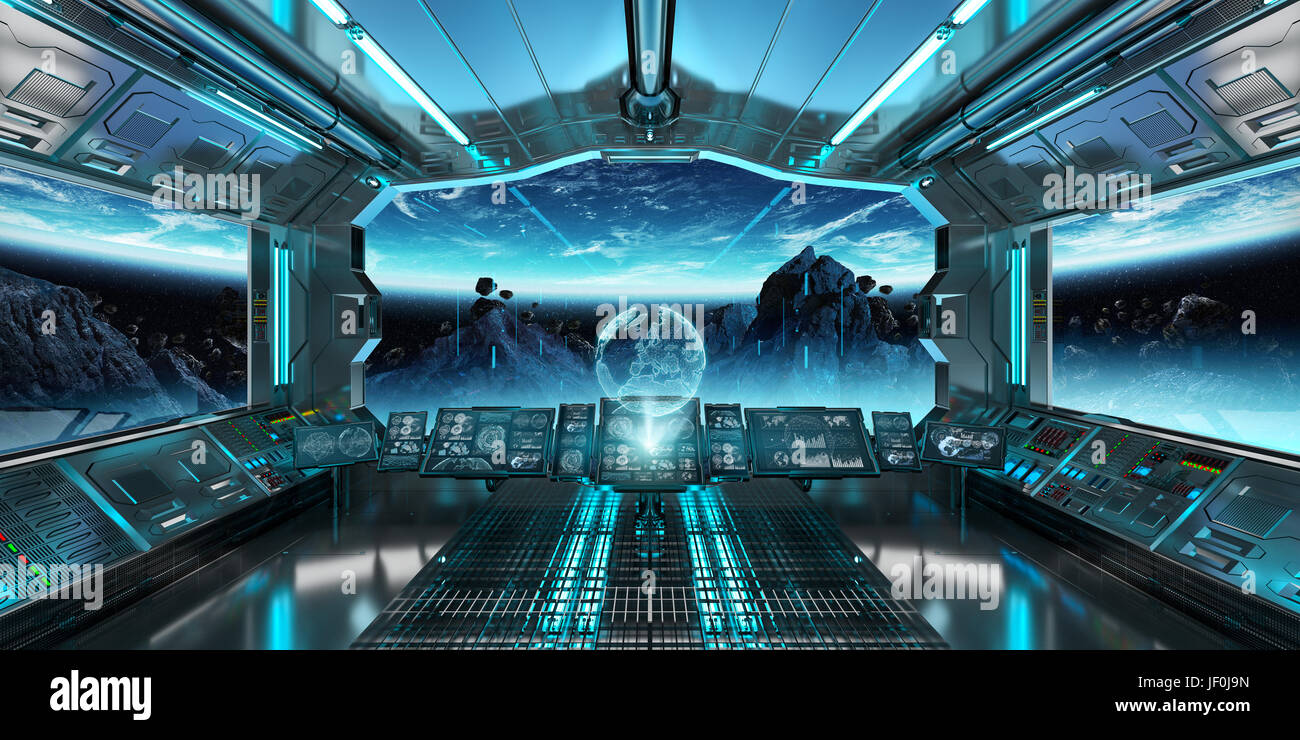 Raumschiff-Innenraum mit Blick auf Raum und Planet Erde 3D-Rendering Elemente dieses Bildes, eingerichtet von der NASA Stockfoto