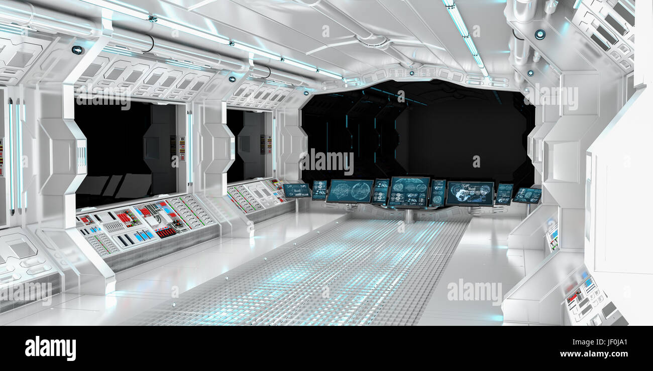 Raumschiff-Innenraum mit Blick auf schwarze Fenster 3D-Rendering Elemente dieses Bildes, eingerichtet von der NASA Stockfoto