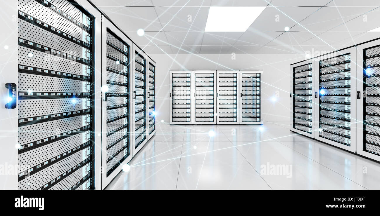 Weiße und blaue abstrakte Netzwerk auf Server Raum Daten Center 3D-Rendering Stockfoto
