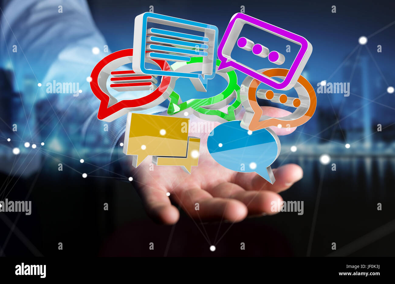 Geschäftsmann auf unscharfen Hintergrund mithilfe digitaler bunte 3D-Rendering Gespräch Symbole Stockfoto