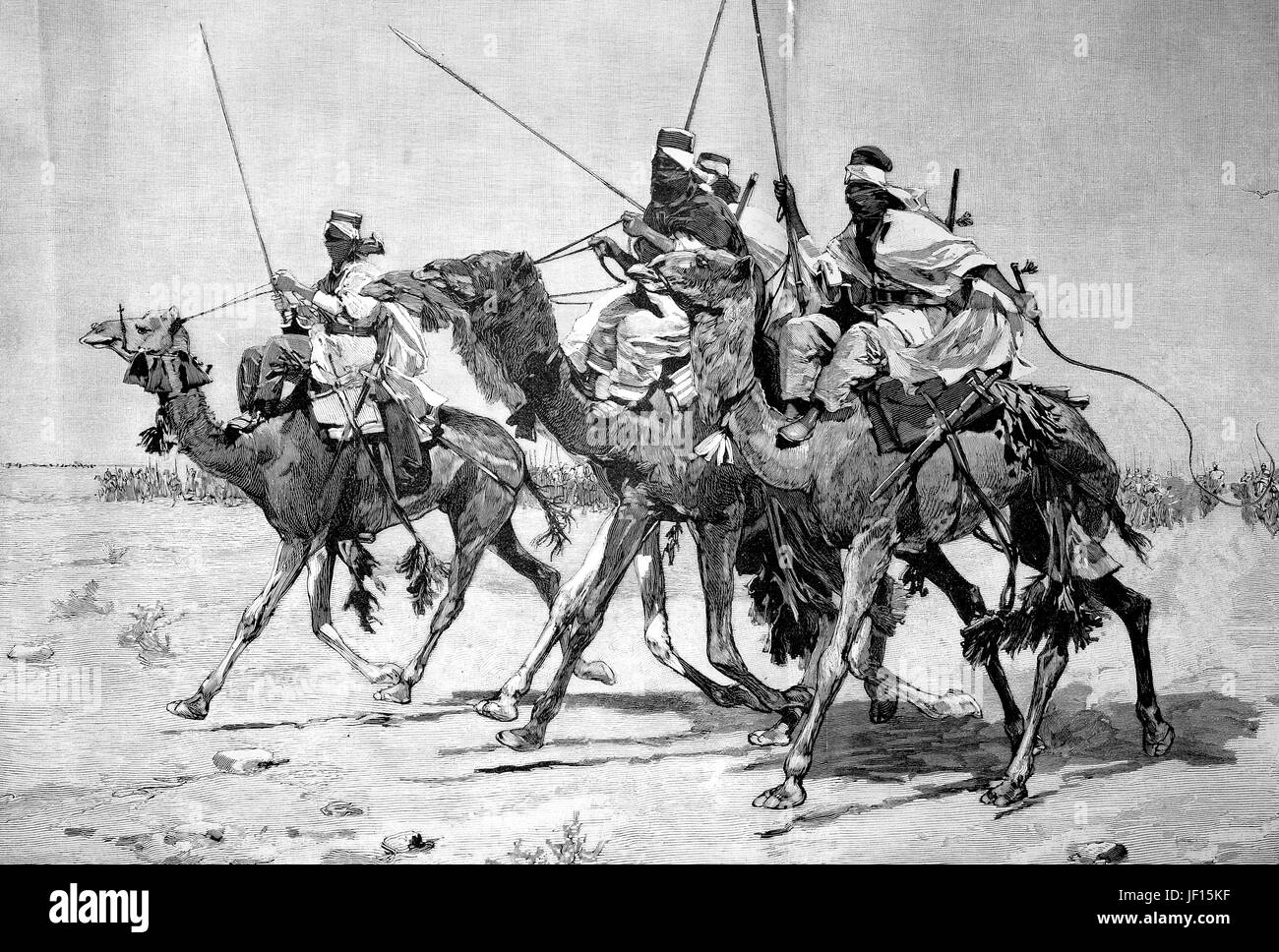Historische Darstellung der einen Kamelritt der Tuareg in Libyen, die Hauptrolle einer fortschreitenden militärischen Formation, Vorhut, Avantgarde, verbesserte digitale Reproduktion aus einer Originalgraphik von 1888 Stockfoto