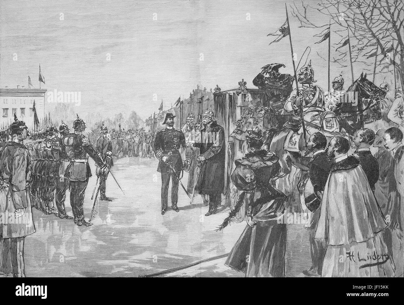 Historische Abbildung des Besuchs von Bismarck in Berlin, Deutschland. Hier seine Ankunft in den Lustgarten, zusammen mit Heinrich Preis. Otto von Bismarck, 1815-1898, preußischer Staatsmann und erster Bundeskanzler der Bundesrepublik Deutschland, digitale verbesserte Reproduktion aus einer Originalgraphik von 1888 Stockfoto