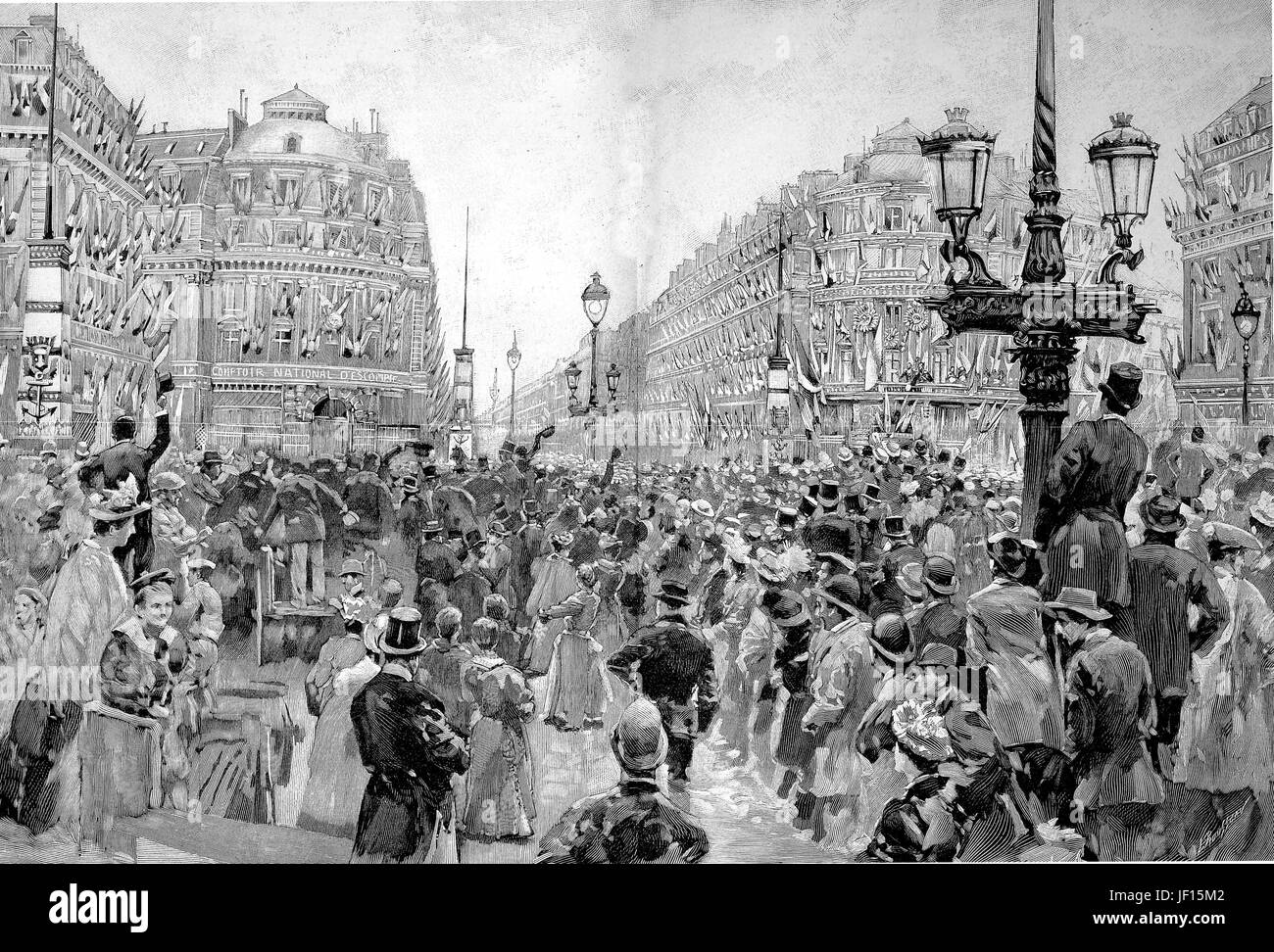 Historische Darstellung des Besuchs des russischen Mittelmeer-Kaders in Paris, Frankreich, hier den Platz an der Oper mit der Ankunft der russischen Offiziere, Digital verbessert Reproduktion aus einer Originalgraphik von 1888 Stockfoto