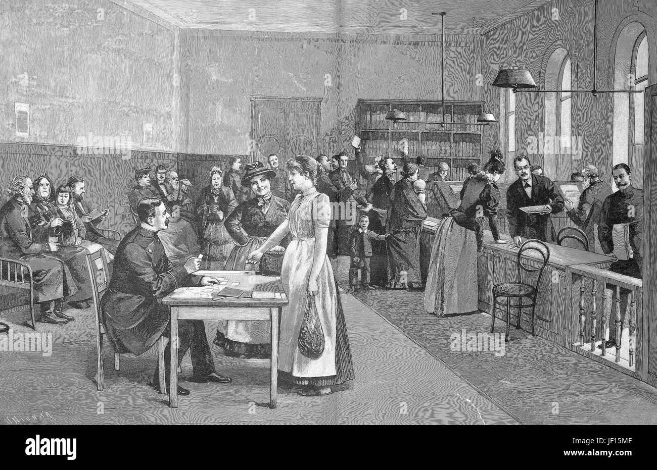 Historische Abbildung einer Situation in der rettende Bank Berlin, Menschen und Bank Mitarbeiter, verbesserte digitale Reproduktion aus einer Originalgraphik von 1888 Stockfoto