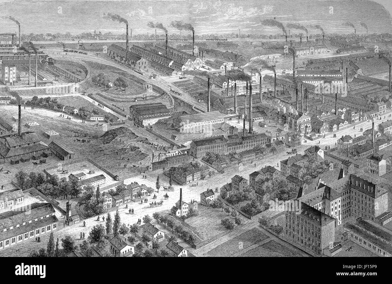 Historische Abbildung des Bochumer Vereins, eine Fabrik zur Herstellung von Tiegelstahl, Deutschland, verbesserte digitale Reproduktion aus einer Originalgraphik von 1888 Stockfoto