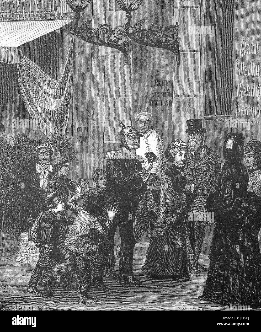 Historische Darstellung der Menschen stehen vor einer Bank in Berlin, Deutschland. Kinder, Frauen und ein Polizist warten auf die Eröffnung, digitale verbesserte Wiedergabe von einer Originalgraphik von 1888 Stockfoto