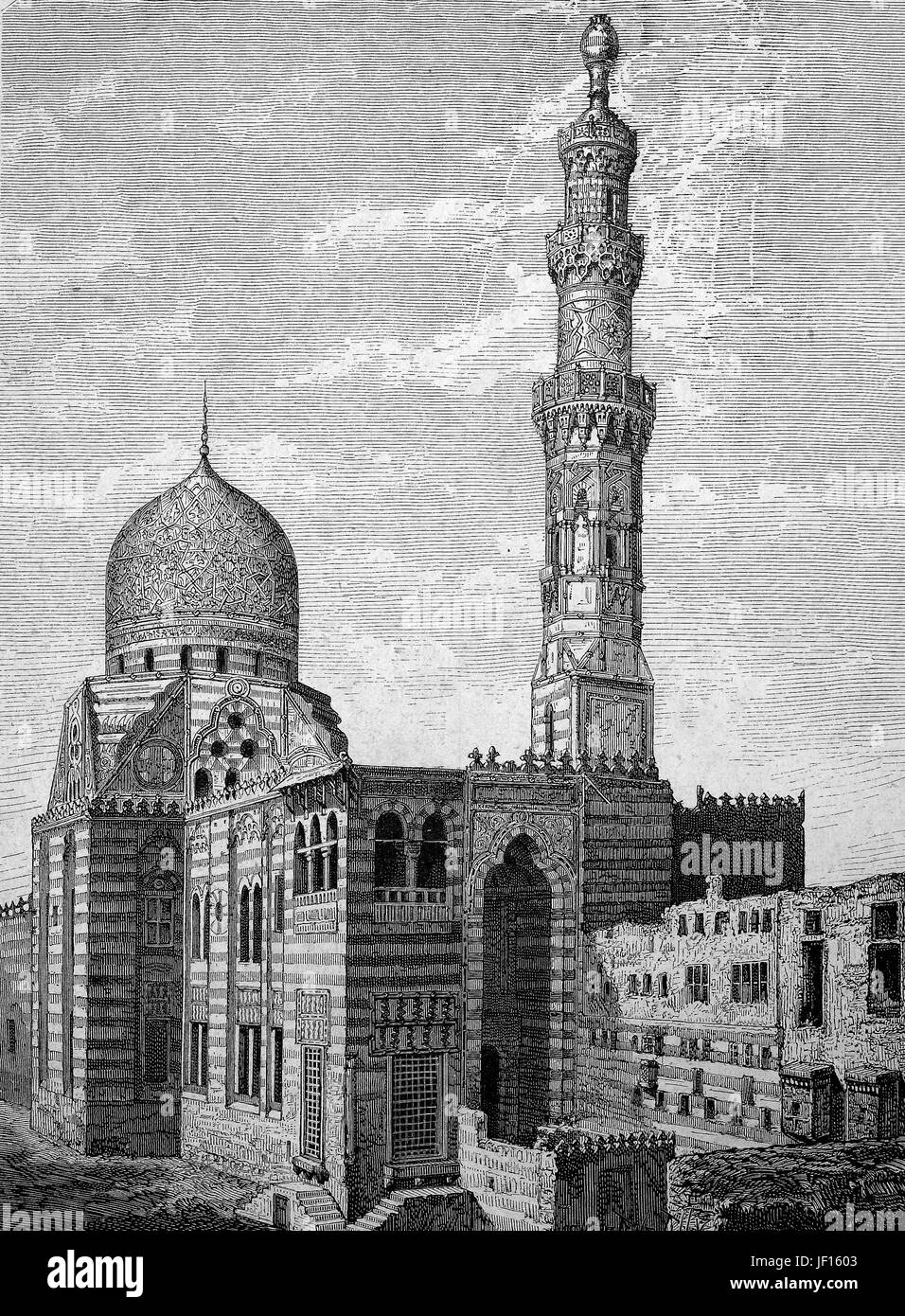 Historische Abbildung der Moschee in Kairo, Ägypten, Digital verbesserte Reproduktion von einem ursprünglichen Drucken von 1888 Stockfoto