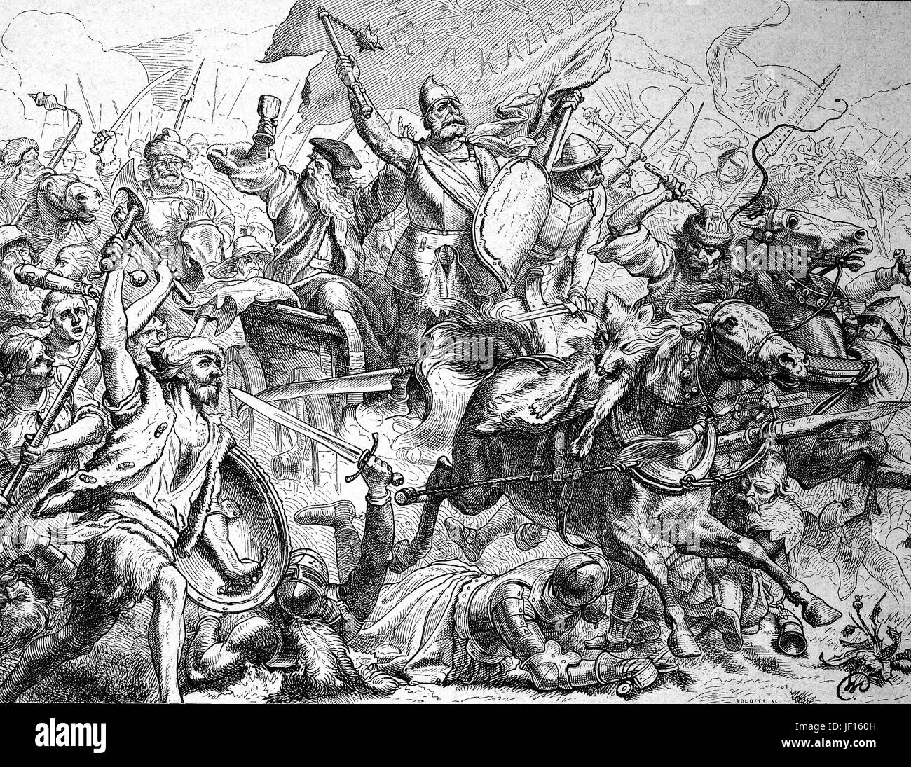 Historische Darstellung der Schlacht am Berg Witkow, Ziskaberg, 1420, Hussitenkriege, auch genannt der böhmischen Kriege oder die hussitische Revolution, Digital verbessert Reproduktion aus einer Originalgraphik von 1888 Stockfoto