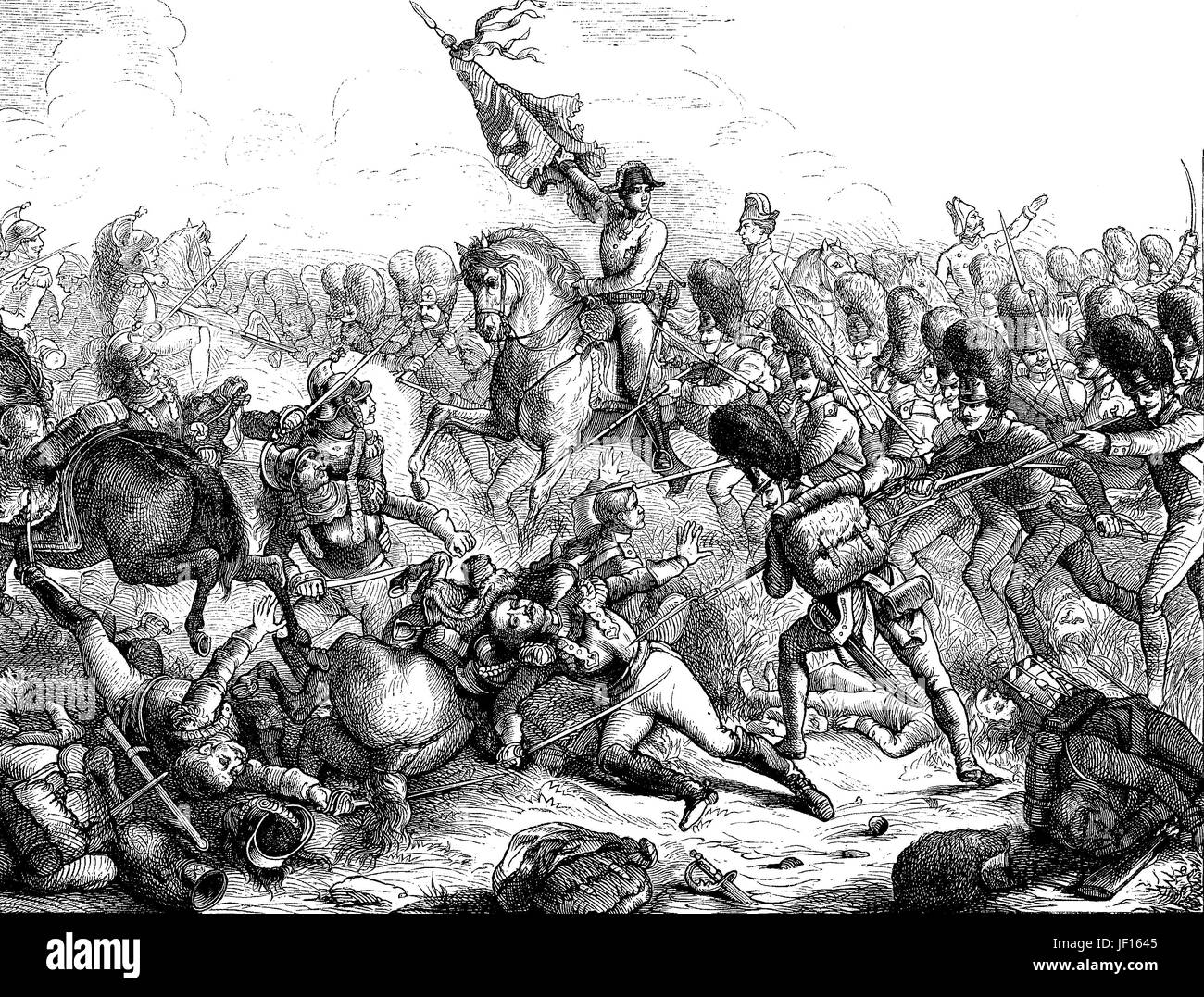 Historische Darstellung der Schlacht von Aspern-Essling 1809, hier mit Erzherzog Charles von Österreich, Herzog von Teschen, Erzherzog Carl Ludwig Johann Joseph Laurentius von Österreich, Herzog von Teschen, 1771-1847 war ein österreichischer Feldmarschall, Digital verbessert Reproduktion aus einer Originalgraphik von 1888 Stockfoto