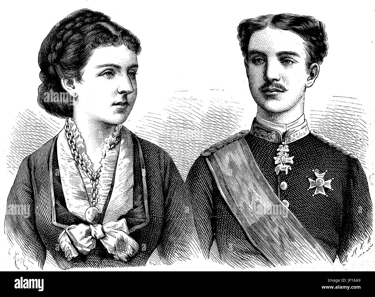 Maria de Las Mercedes d' Orleans y Borbon, 1860 – 1878 und Alfonso XII. 1857 - 1885, Alfonso Francisco de Asís Fernando Pío Juan María De La Concepcion Gregorio Pelayo de Borbón y Borbón. Königin und König von Spanien, verbesserte digitale Reproduktion aus einer Originalgraphik von 1888 Stockfoto