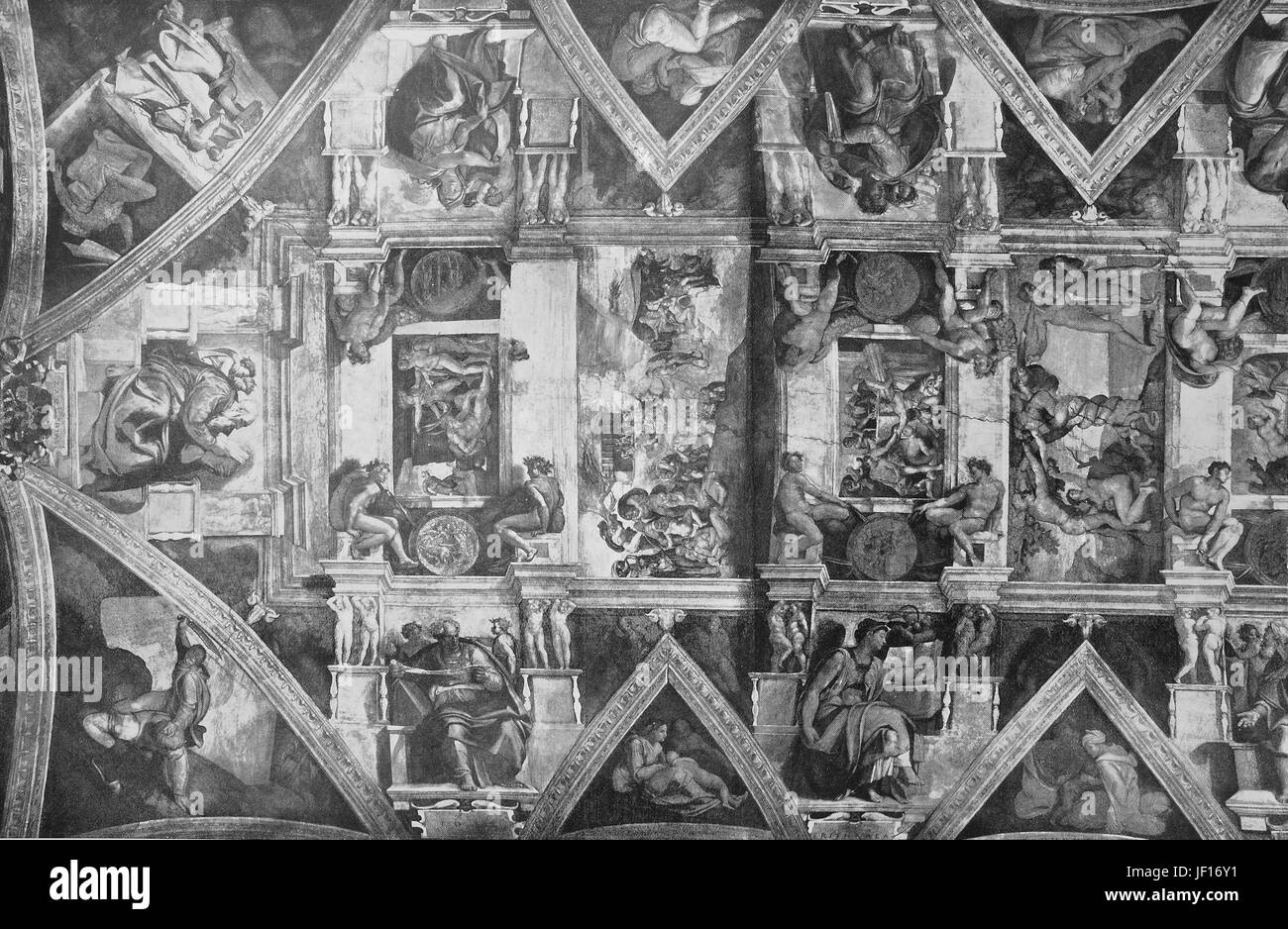 Historisches Bild eines Abschnitts von der Decke der Sixtinischen Kapelle, Michelangelo, Vatikan, Rom, Italien, verbesserte digitale Reproduktion aus einer Originalgraphik von 1890 Stockfoto