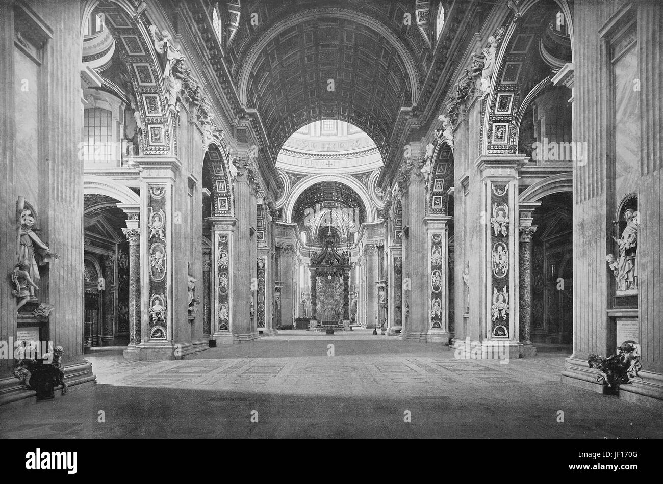 Historisches Foto von innerhalb der päpstlichen Basilika von St. Peter im Vatikan, Basilica Papale di San Pietro in Vaticano, oder den Petersdom, eine italienische Renaissance-Kirche im Vatikan, der päpstlichen Enklave innerhalb der Stadt Rom, Italien, verbesserte digitale Reproduktion aus einer Originalgraphik von 1890 Stockfoto